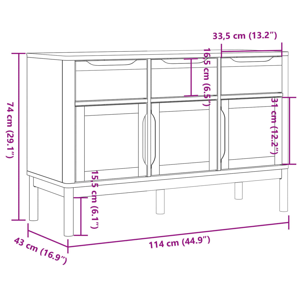 Sideboard FLORO, white, 114x43x74cm, solid pine
