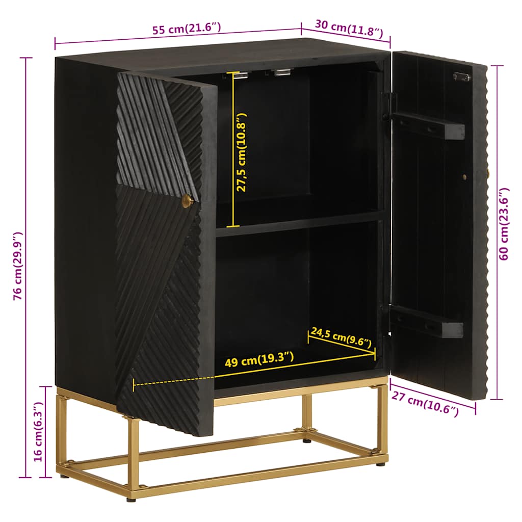 Sideboard, black, 55x30x76cm, solid mango wood and iron
