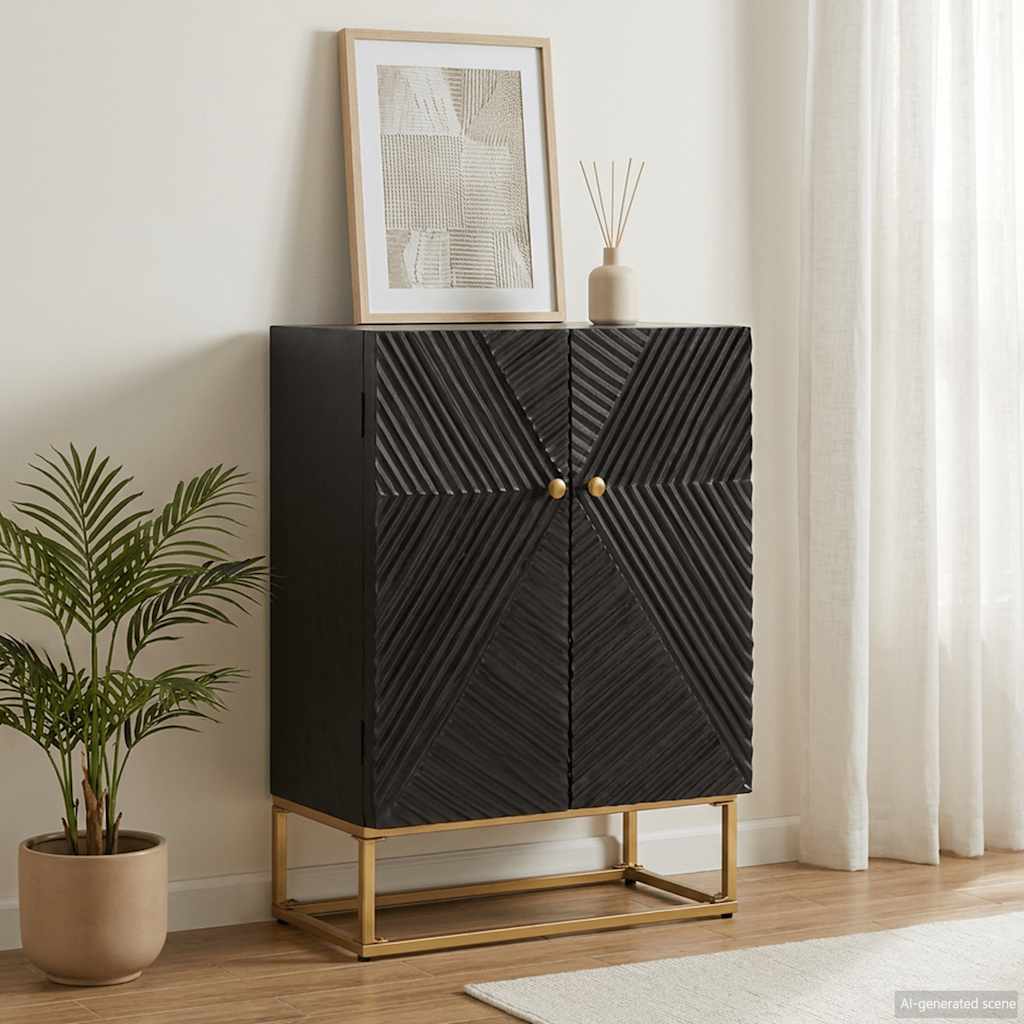Sideboard, black, 55x30x76cm, solid mango wood and iron