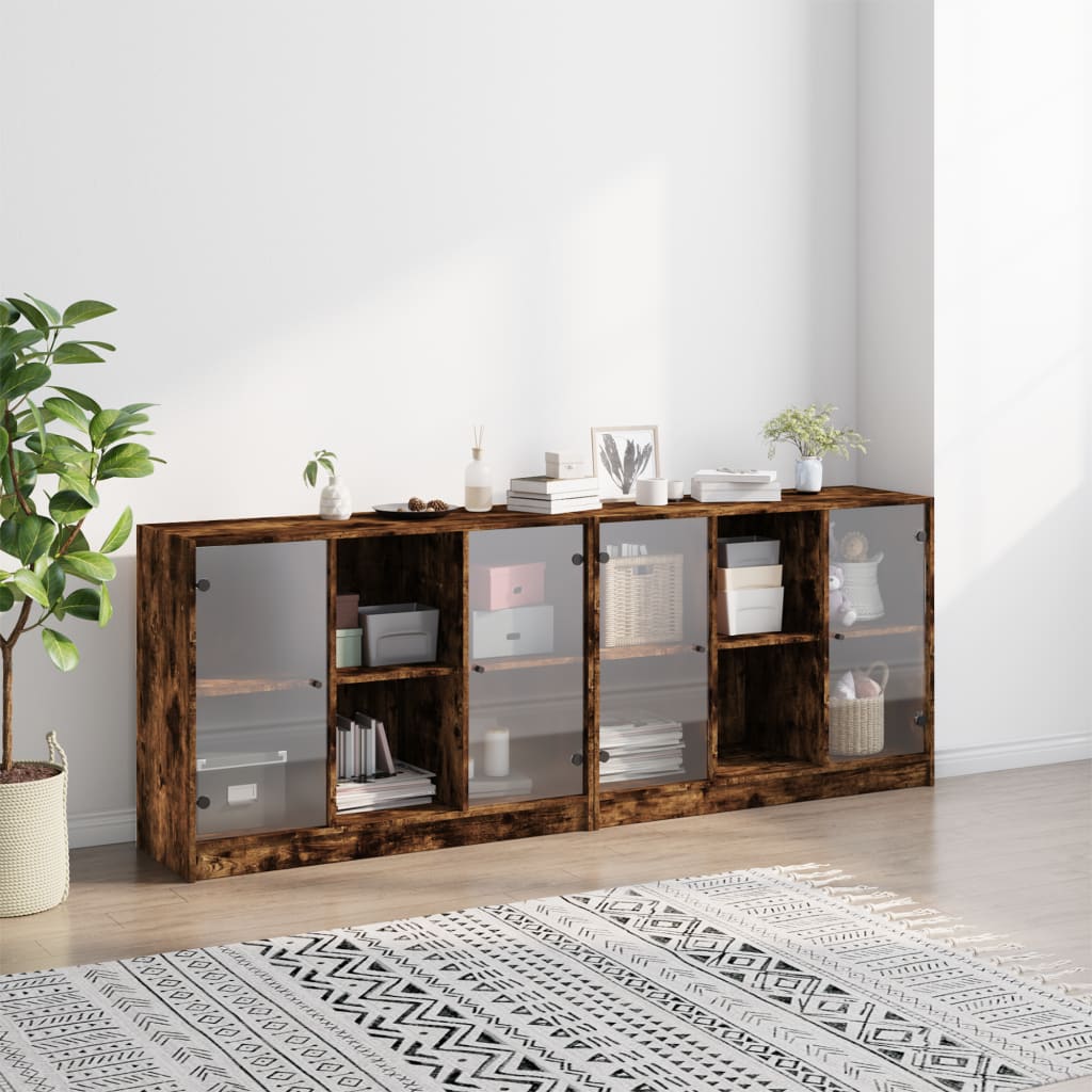 Bookcase with doors, smoked oak, 204x37x75cm, wood