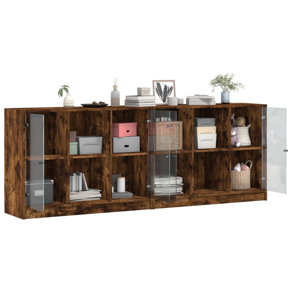Bookcase with doors, smoked oak, 204x37x75cm, wood
