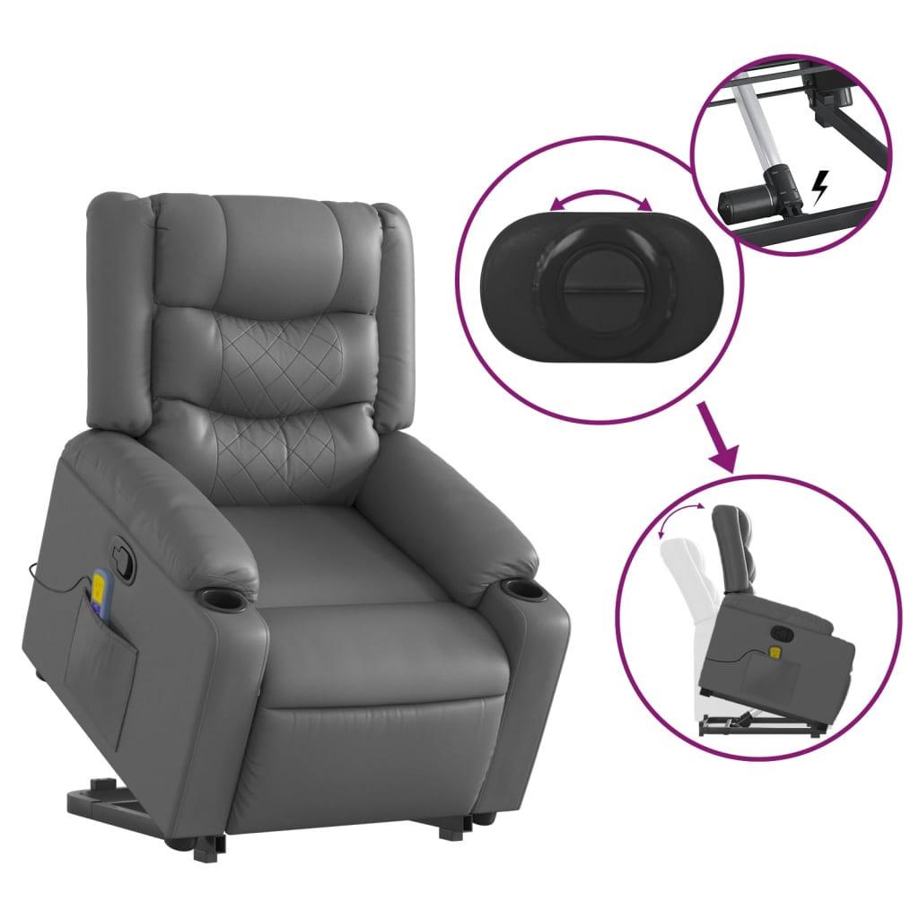Reclining massage chair, grey, artificial leather