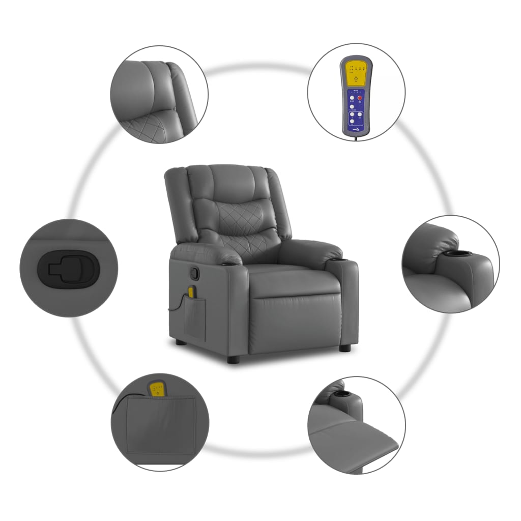 Reclining massage chair, grey, artificial leather