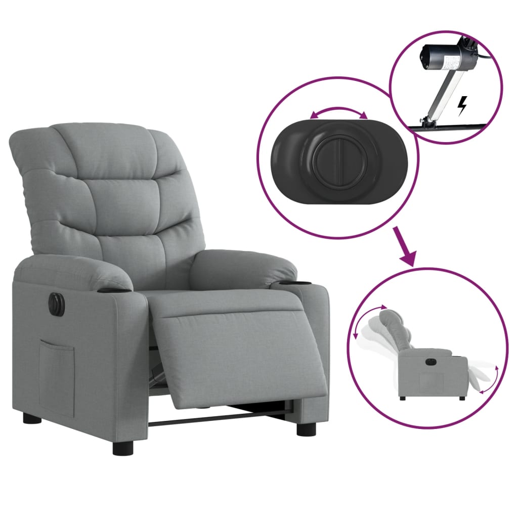 Electric reclining armchair, light grey, fabric