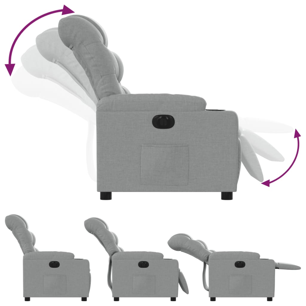 Electric reclining armchair, light grey, fabric