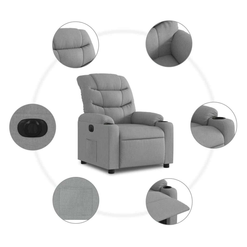 Electric reclining armchair, light grey, fabric