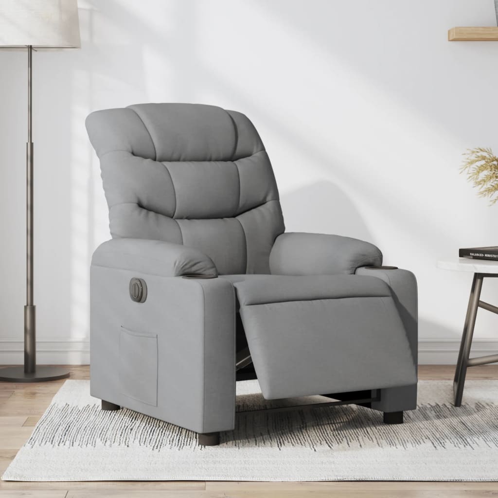Electric reclining armchair, light grey, fabric