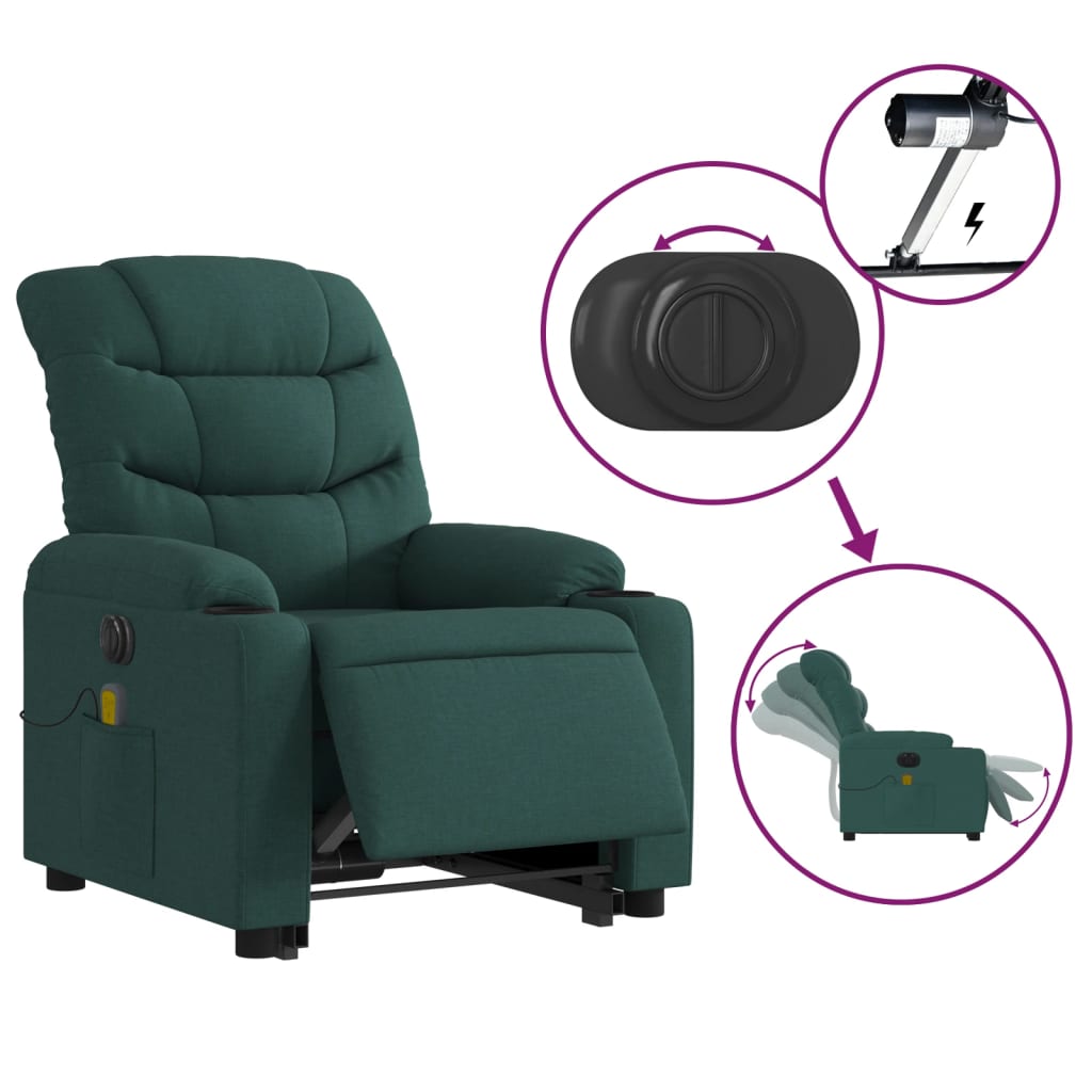 Recliner massage chair, dark green, fabric