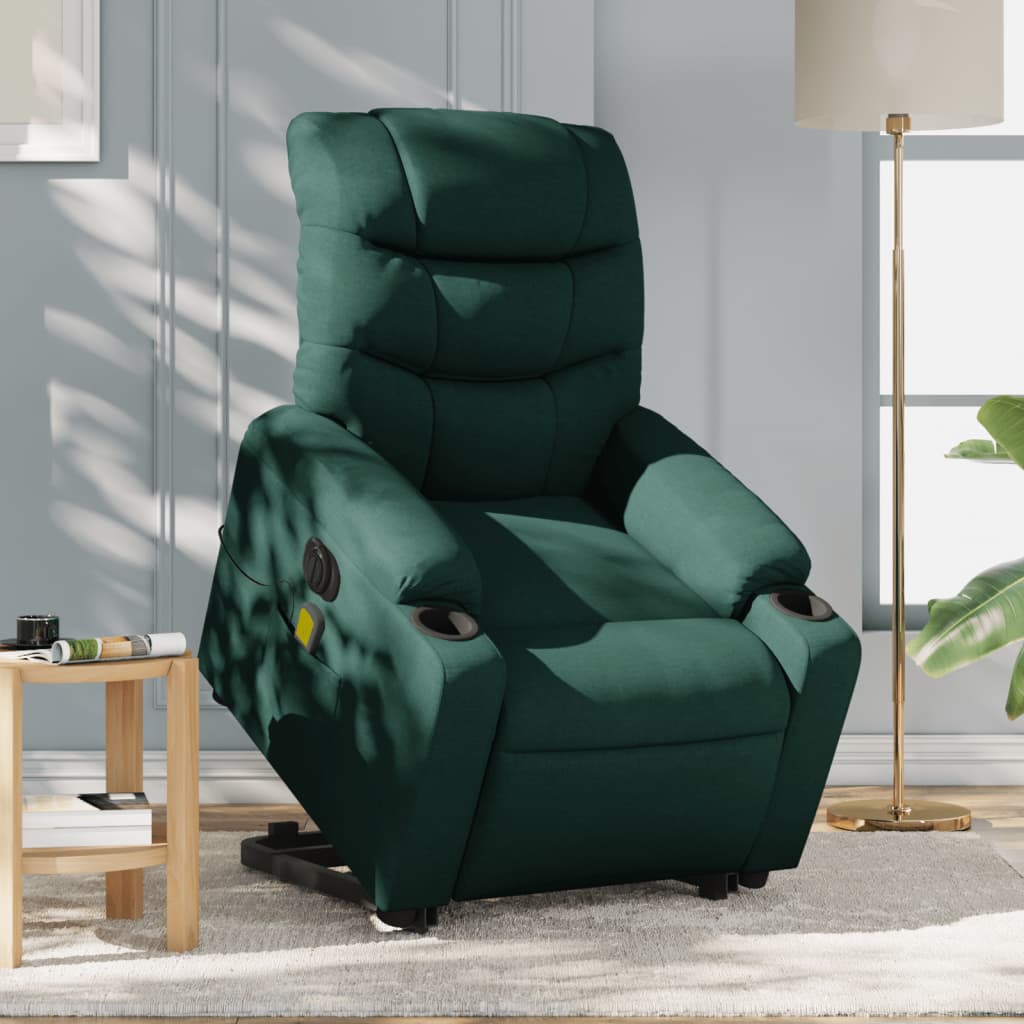 Recliner massage chair, dark green, fabric