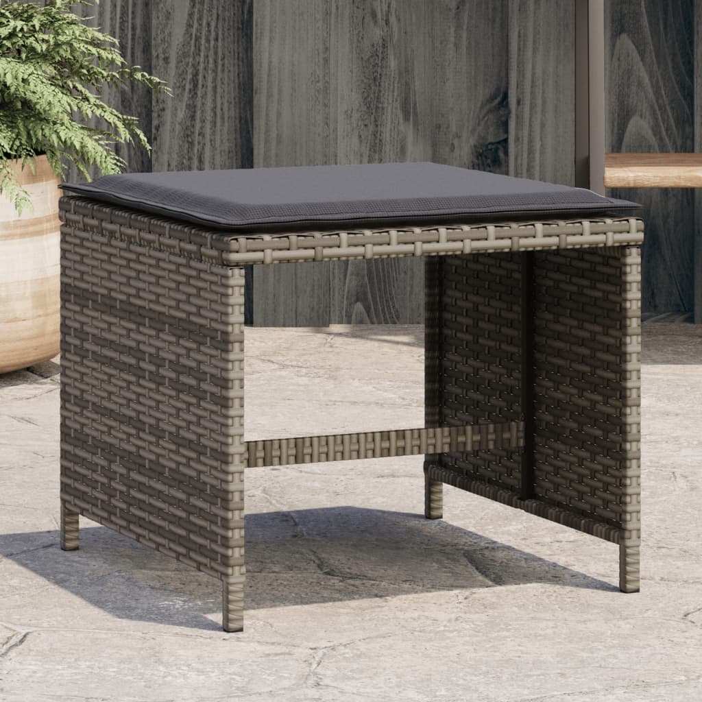 Stools with cushions, 4 pcs, grey, 41x41x36cm, poly rattan