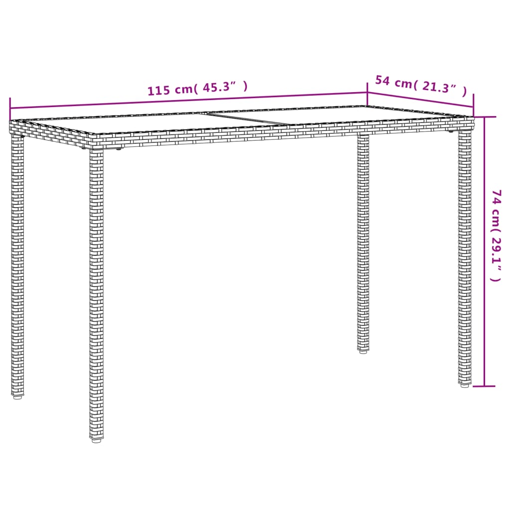 Table with glass top, black, 115x54x74cm, rattan