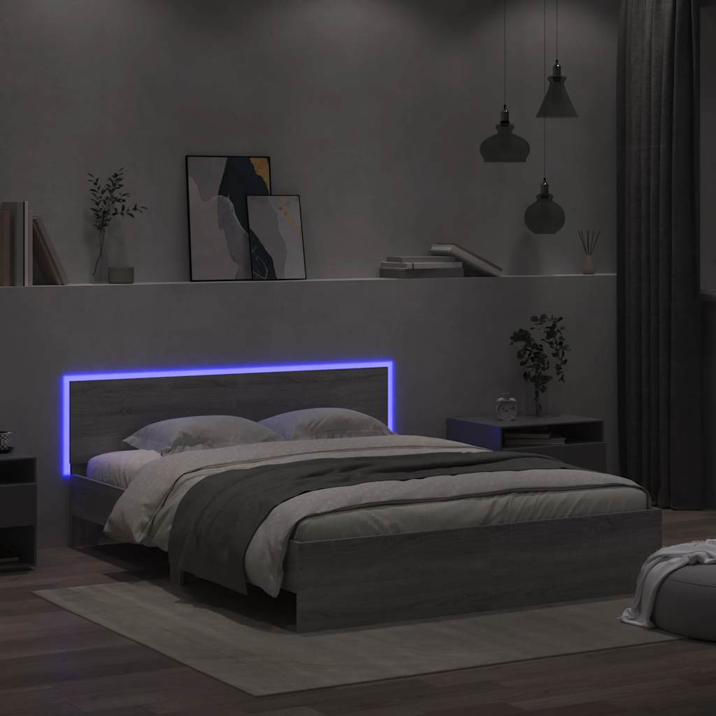Lovos rėmas su galvūgaliu ir LED, pilkas ąžuolo, 150x200cm