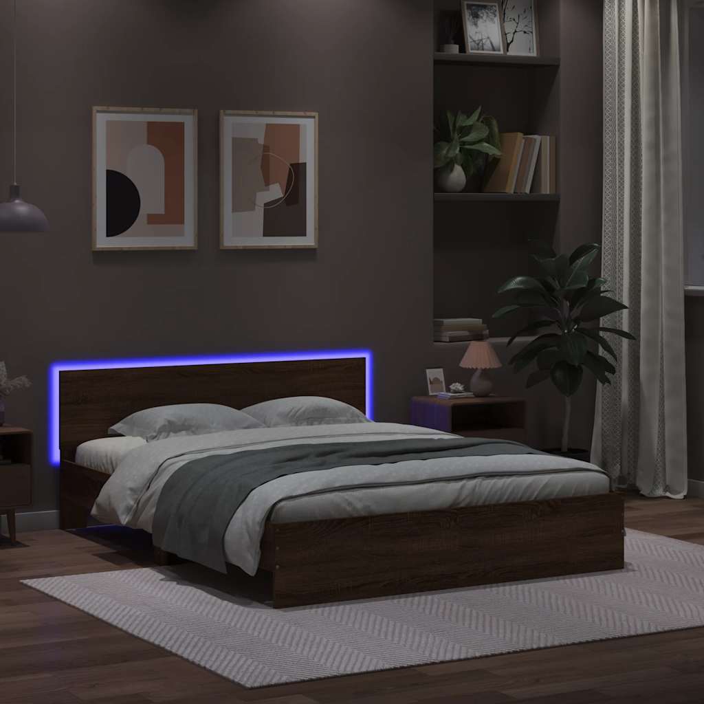 Lovos rėmas su galvūgaliu ir LED, rudas ąžuolo, 150x200cm