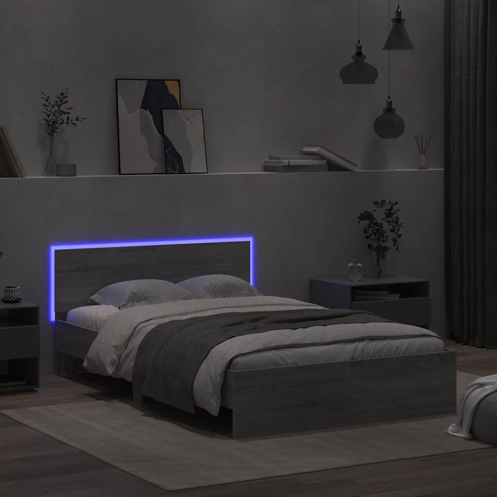 Lovos rėmas su galvūgaliu ir LED, pilkas ąžuolo, 140x200cm
