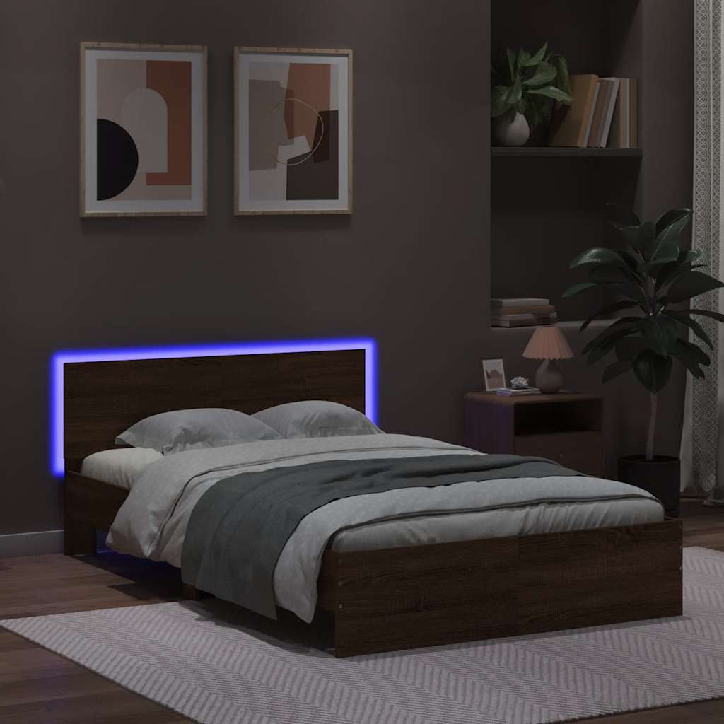 Lovos rėmas su galvūgaliu ir LED, rudas ąžuolo, 140x200cm