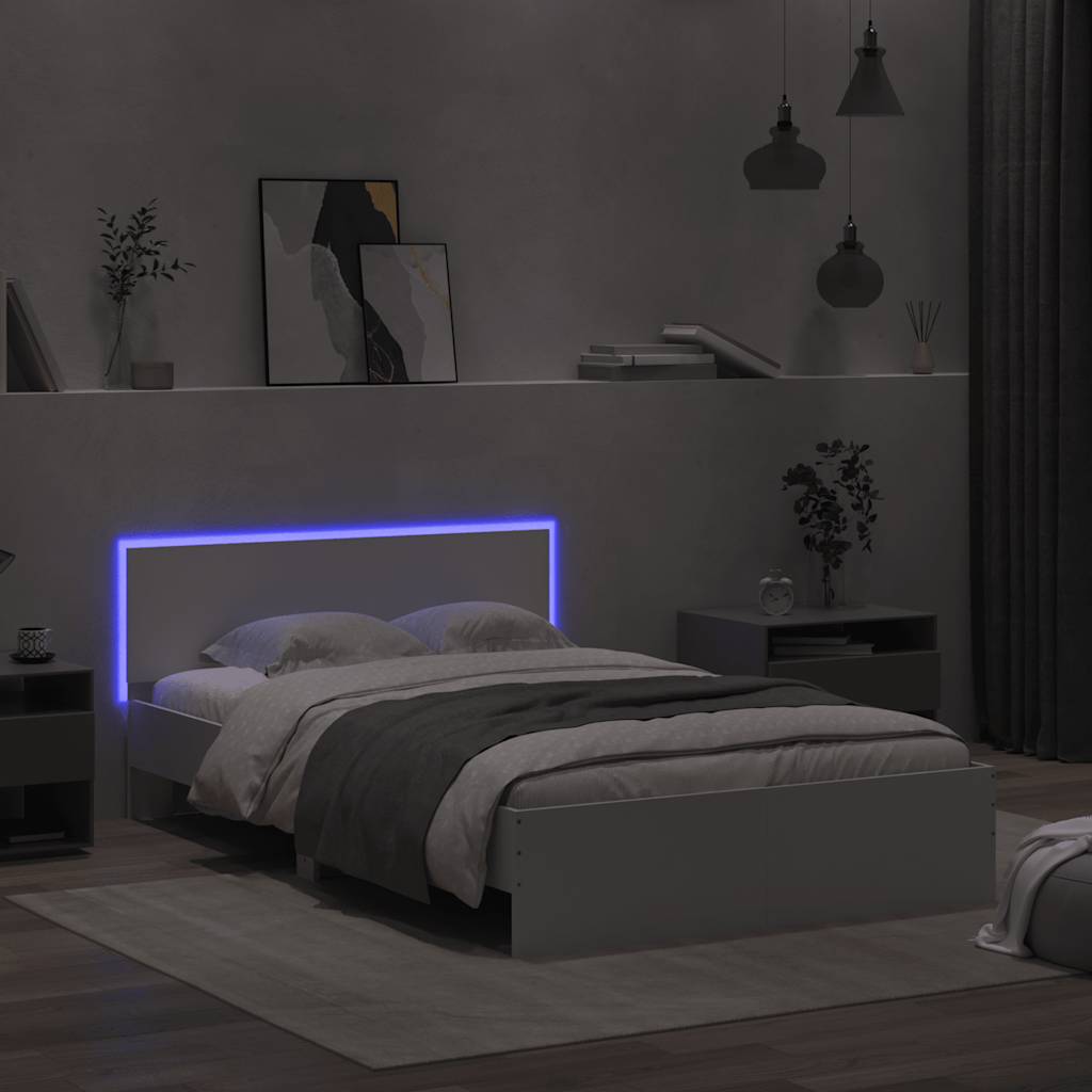 Gultas rāmis ar galvgali un LED, baltā krāsā, 140x190cm