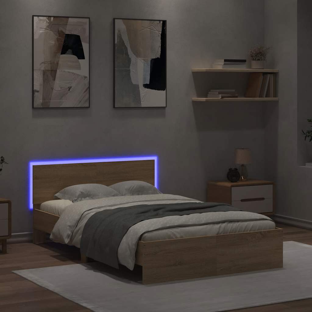 Lovos rėmas su galvūgaliu ir LED, sonoma ąžuolo, 140x190cm