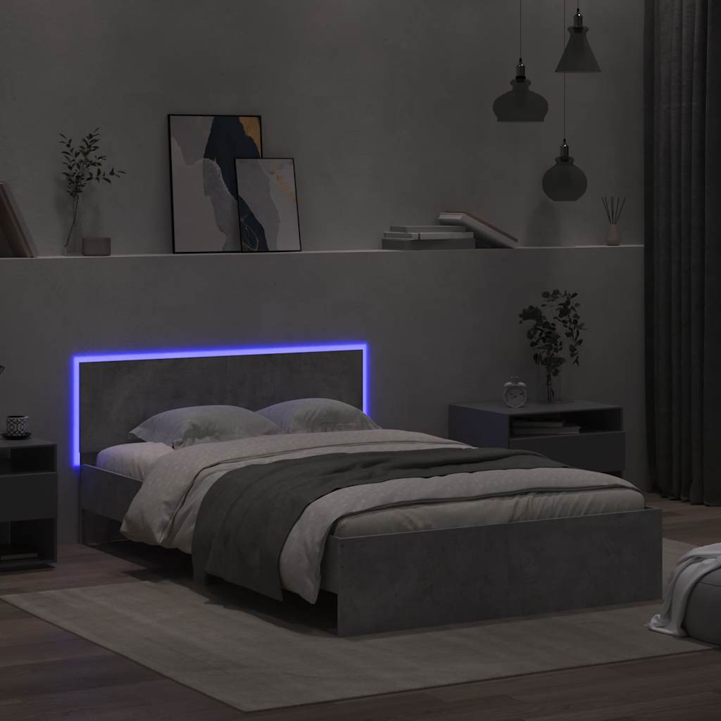 Lovos rėmas su galvūgaliu ir LED, betono pilkas, 140x190cm