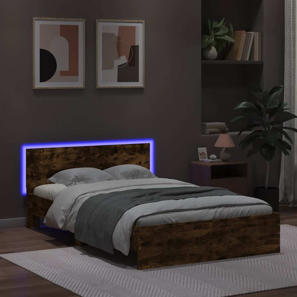 Lovos rėmas su galvūgaliu ir LED, dūminio ąžuolo, 140x190cm