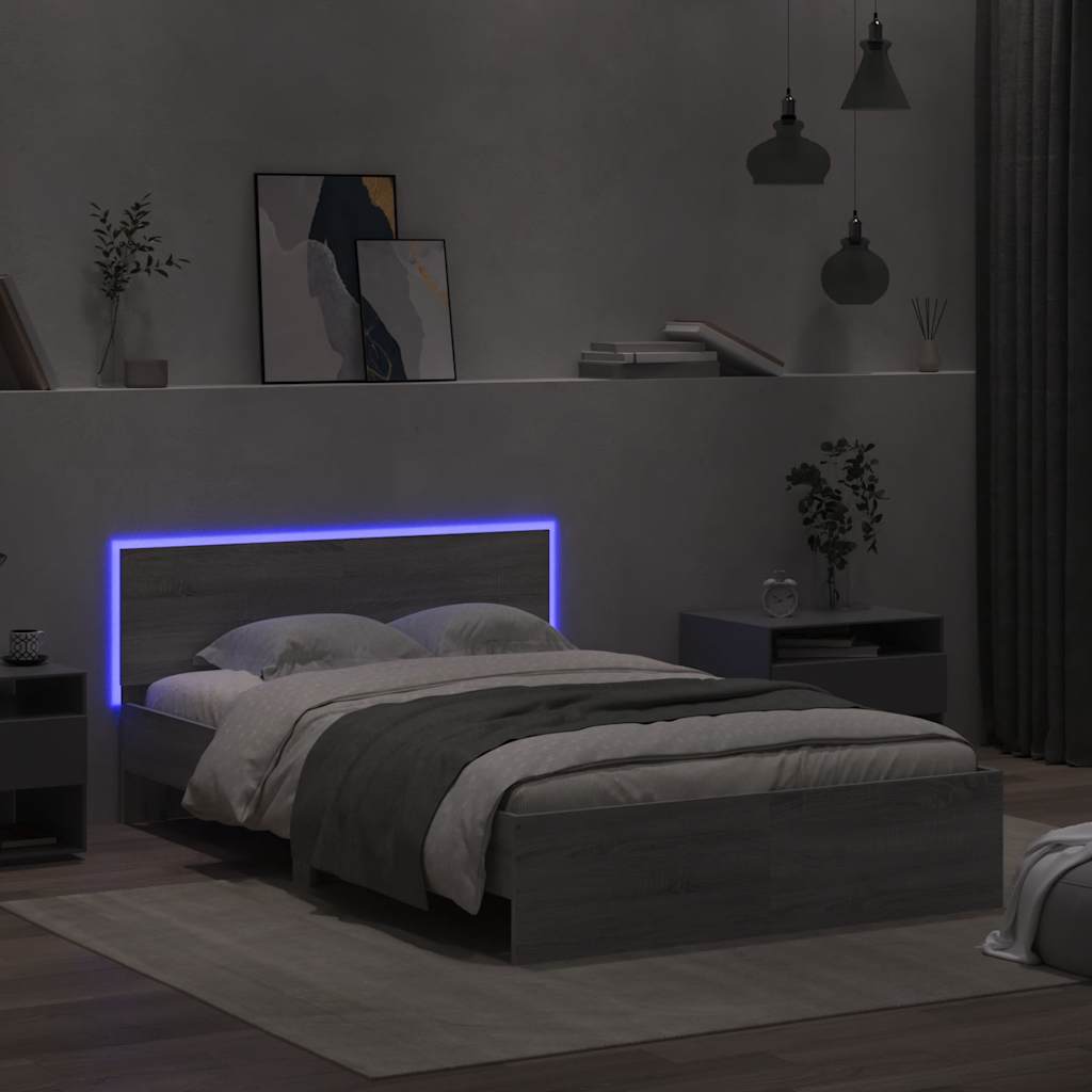 Bed frame with headboard and LED, grey oak, 140x190cm