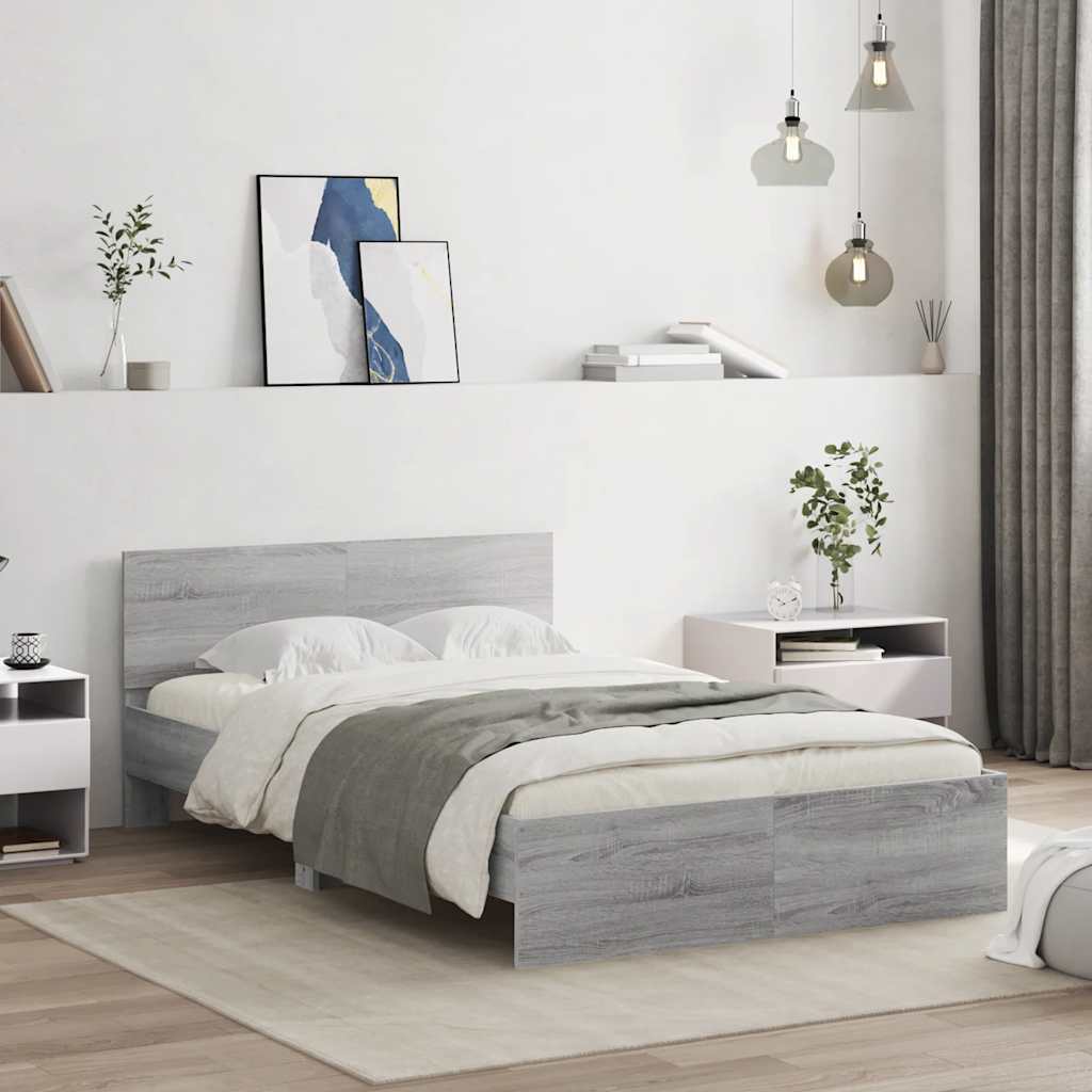 Bed frame with headboard and LED, grey oak, 140x190cm