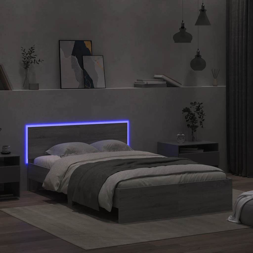 Bed frame with headboard and LED, grey oak, 135x190cm