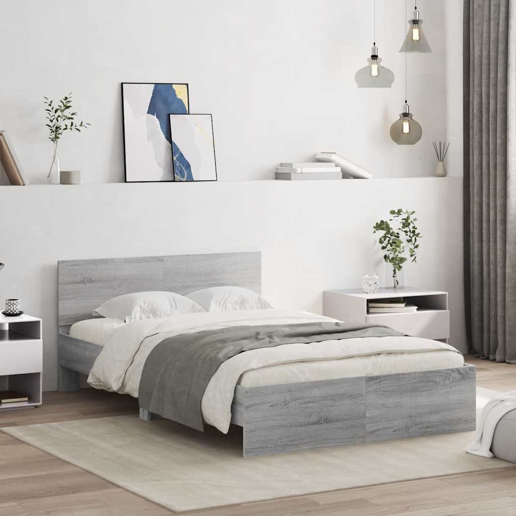 Bed frame with headboard and LED, grey oak, 135x190cm