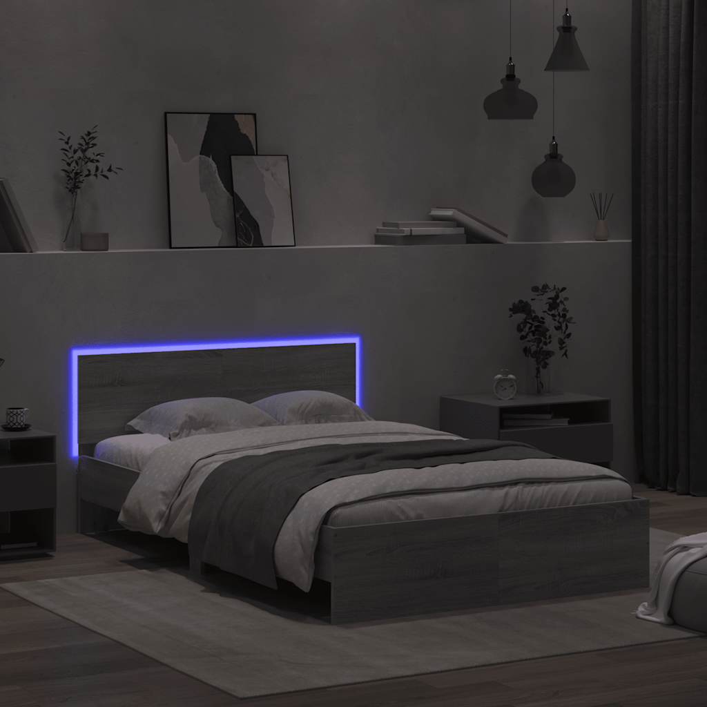 Bed frame with headboard and LED, grey oak, 120x190cm