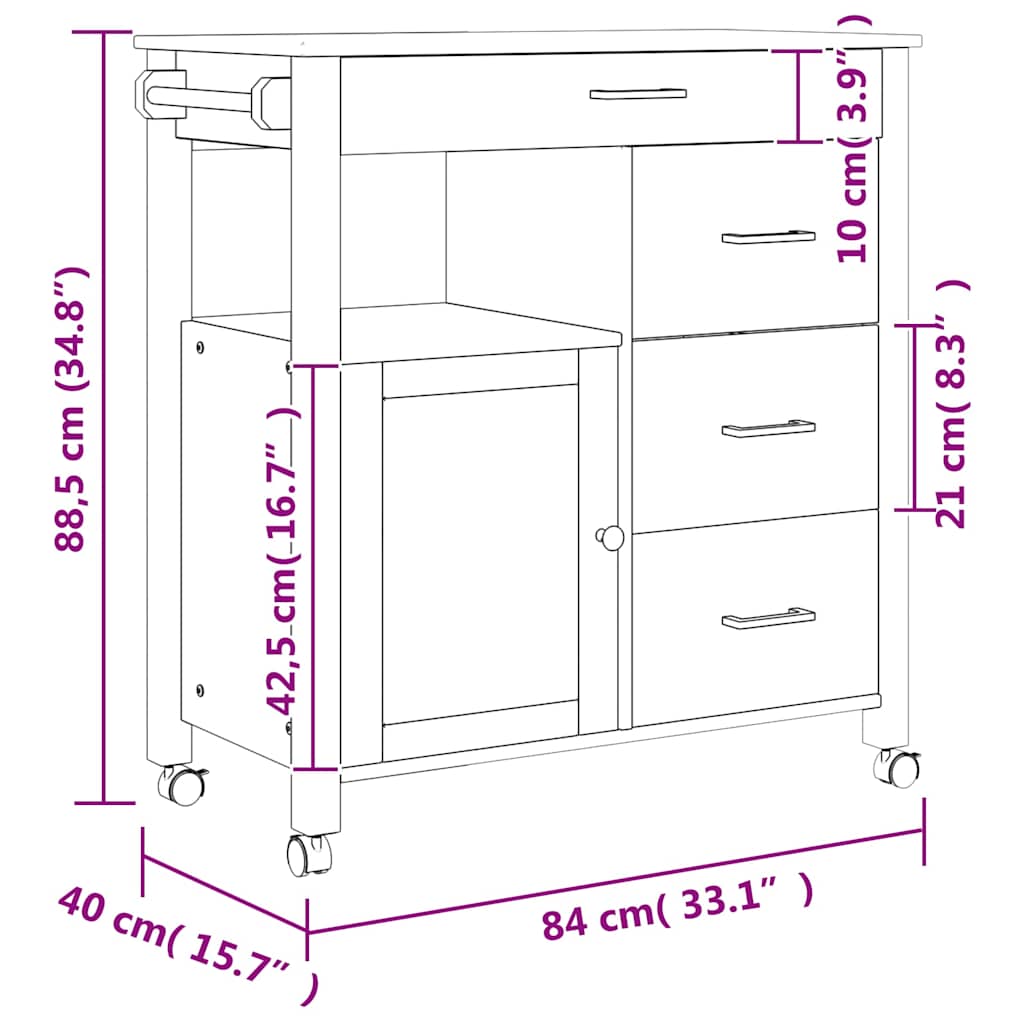 Kitchen trolley MONZA, 84x40x90cm, solid pine wood
