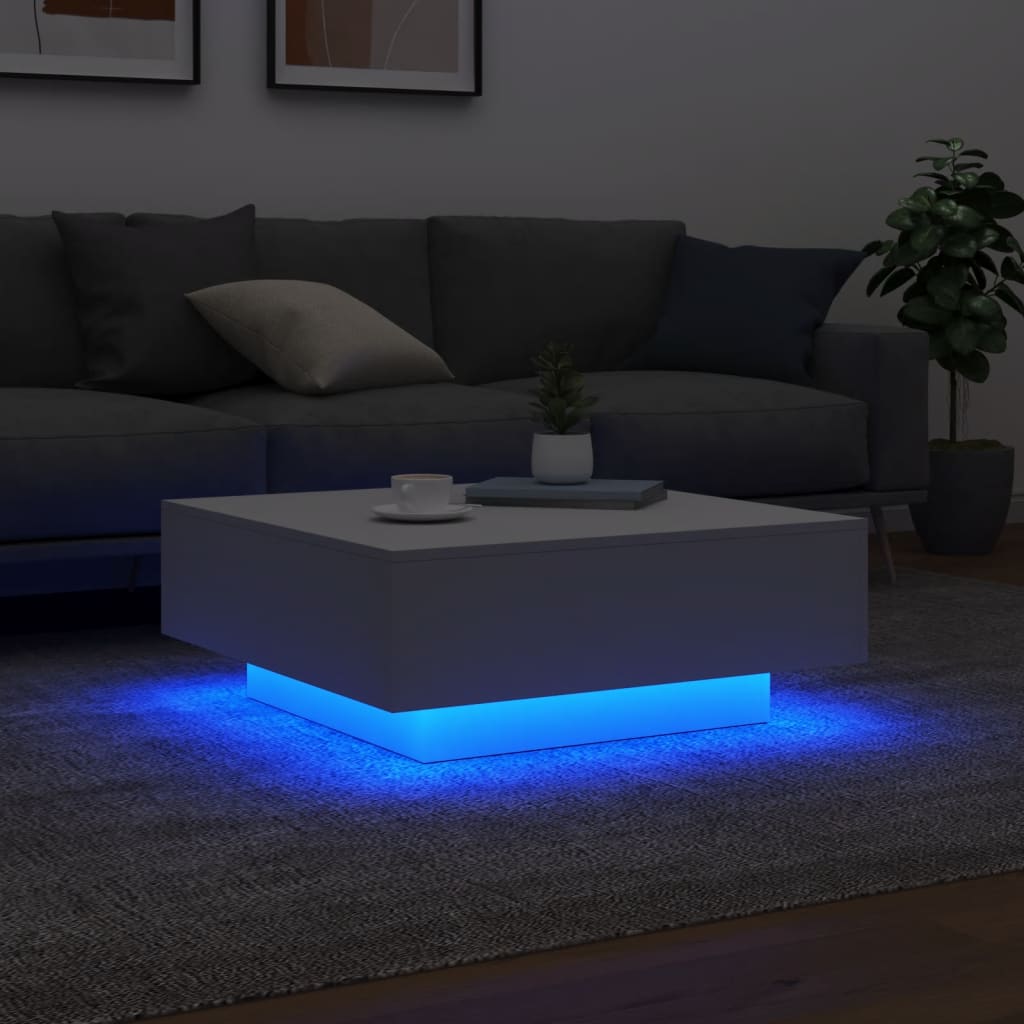Coffee table with LED lights, white, 80x80x31cm