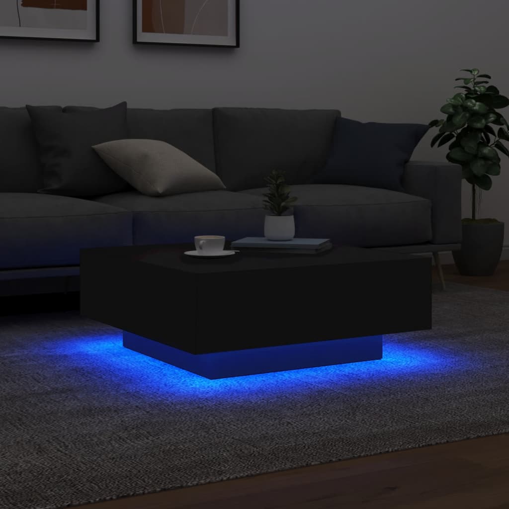 Kafijas galdiņš ar LED gaismām, melns, 80x80x31cm
