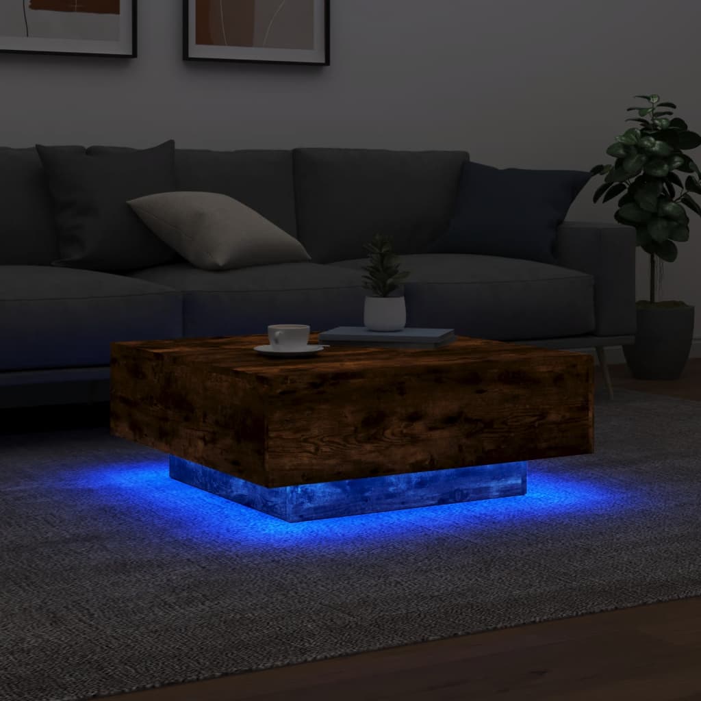 Coffee table with LED lights, smoky oak, 80x80x31cm