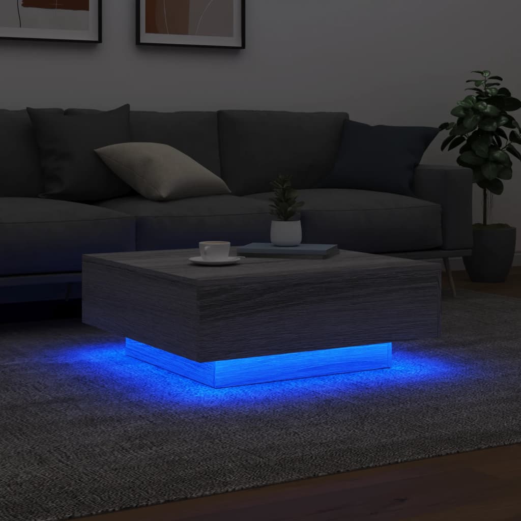 Coffee table with LED lights, grey oak, 80x80x31cm
