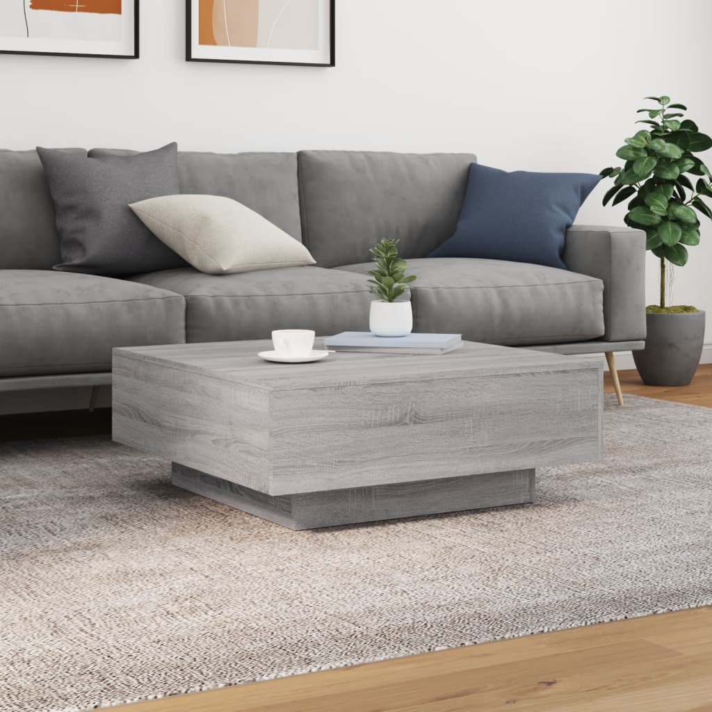 Coffee table with LED lights, grey oak, 80x80x31cm