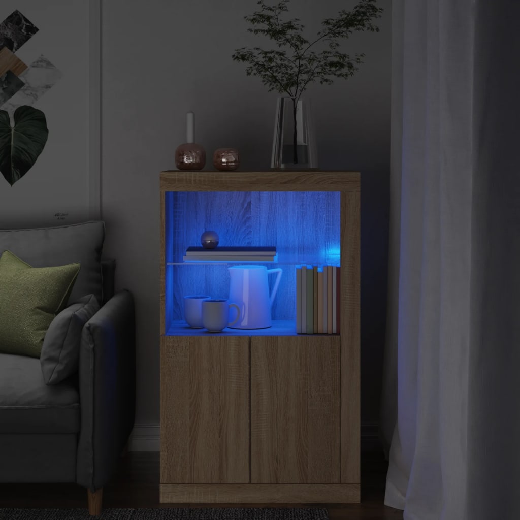 Sideboard with LED lights, oak, engineered wood