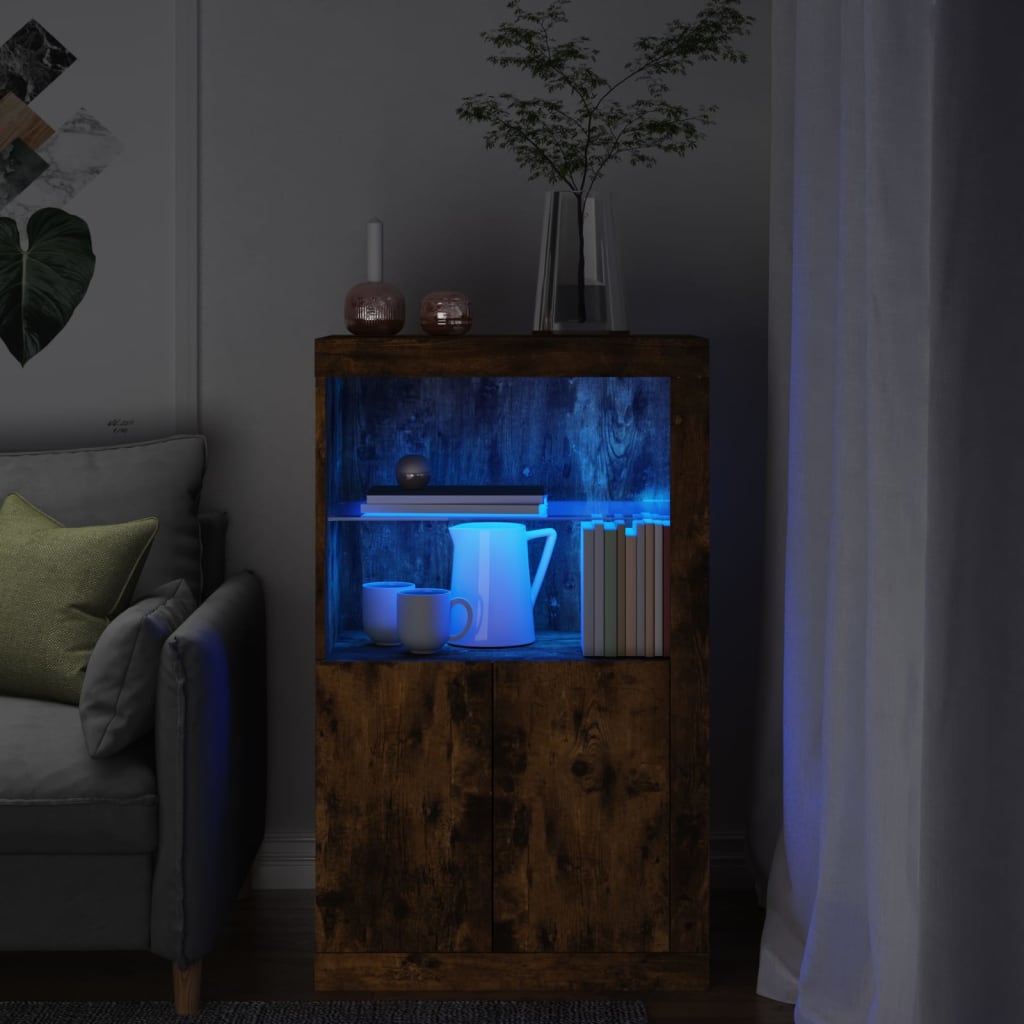 Sideboard with LED lights, smoked oak, wood