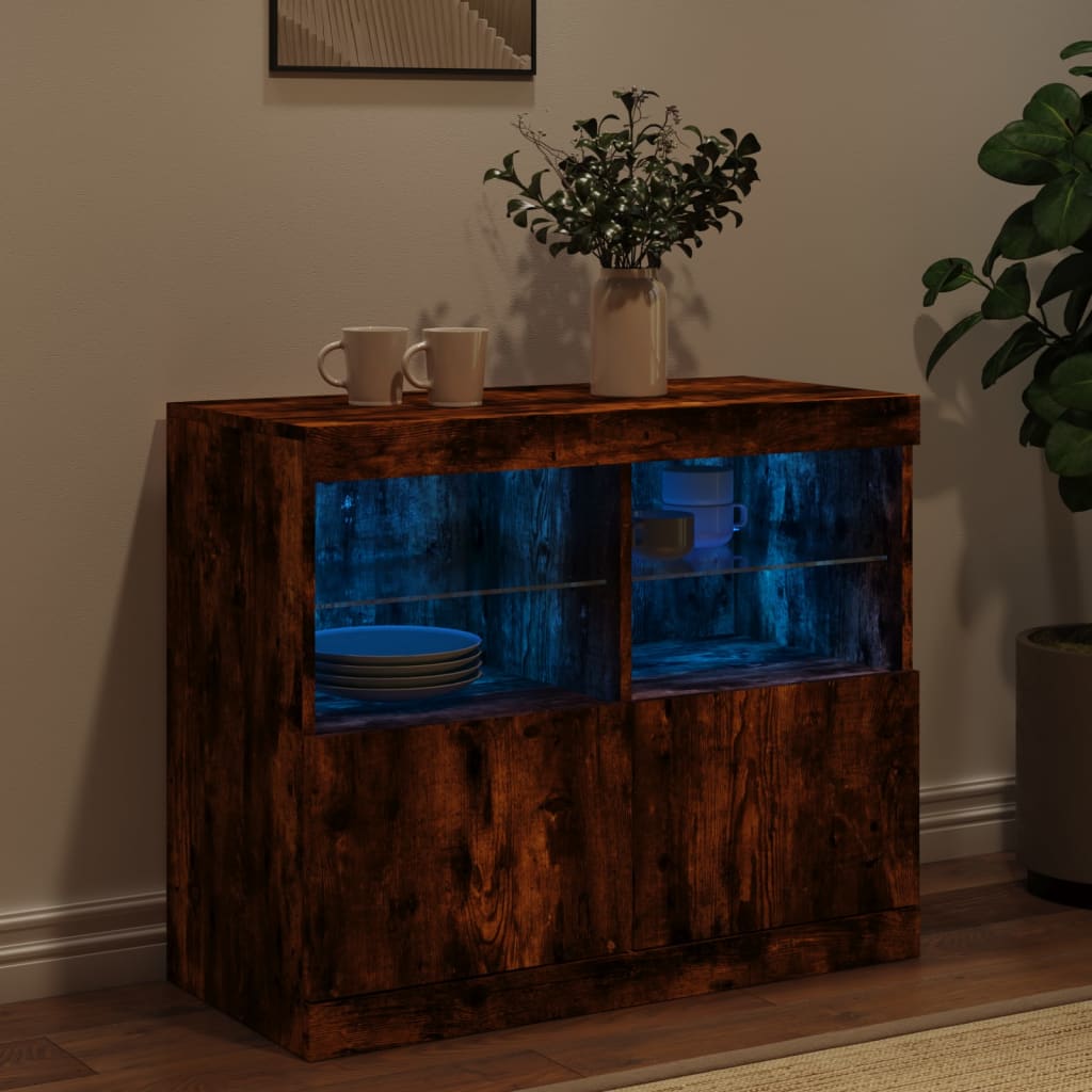 Side cabinet with LED lights, smoky oak, 81x37x67cm
