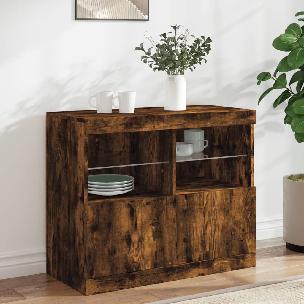 Side cabinet with LED lights, smoky oak, 81x37x67cm