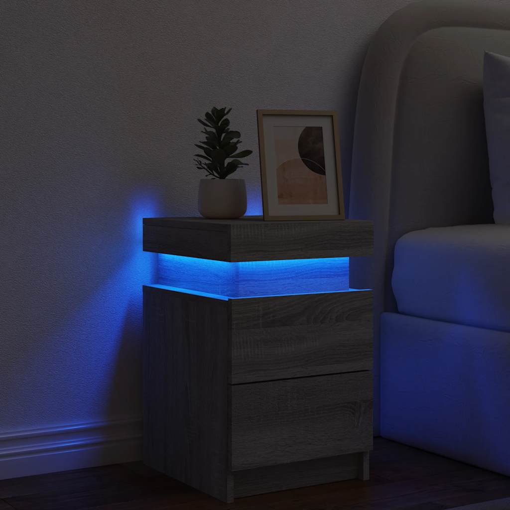 Naktinė spintelė su LED lemputėmis, pilka ąžuolo, 35x39x55cm