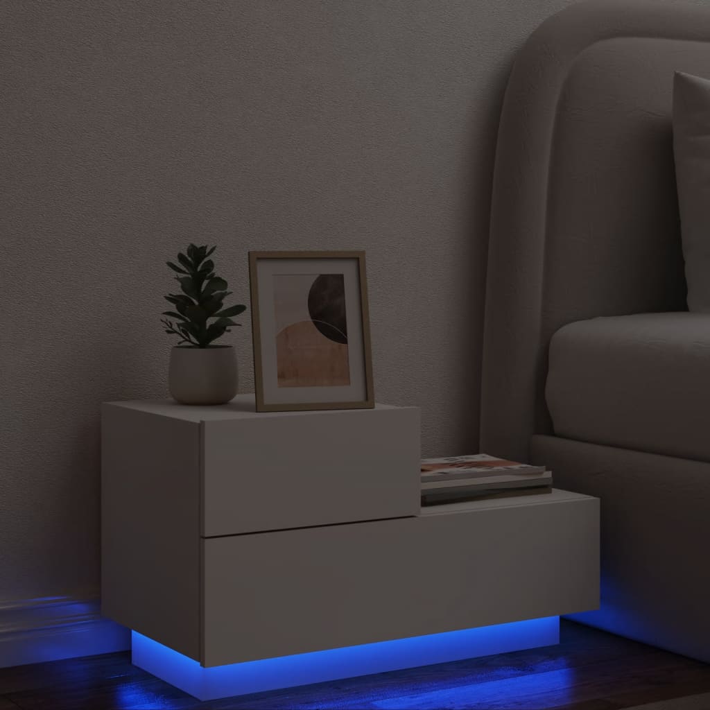 Bedside cabinet with LED lights, white, 70x36x40.5cm