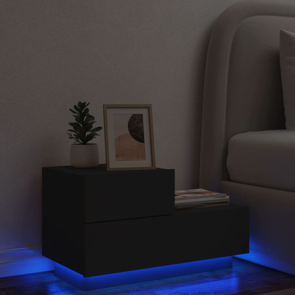 Nightstand with LED Lights, Black, 70x36x40.5cm