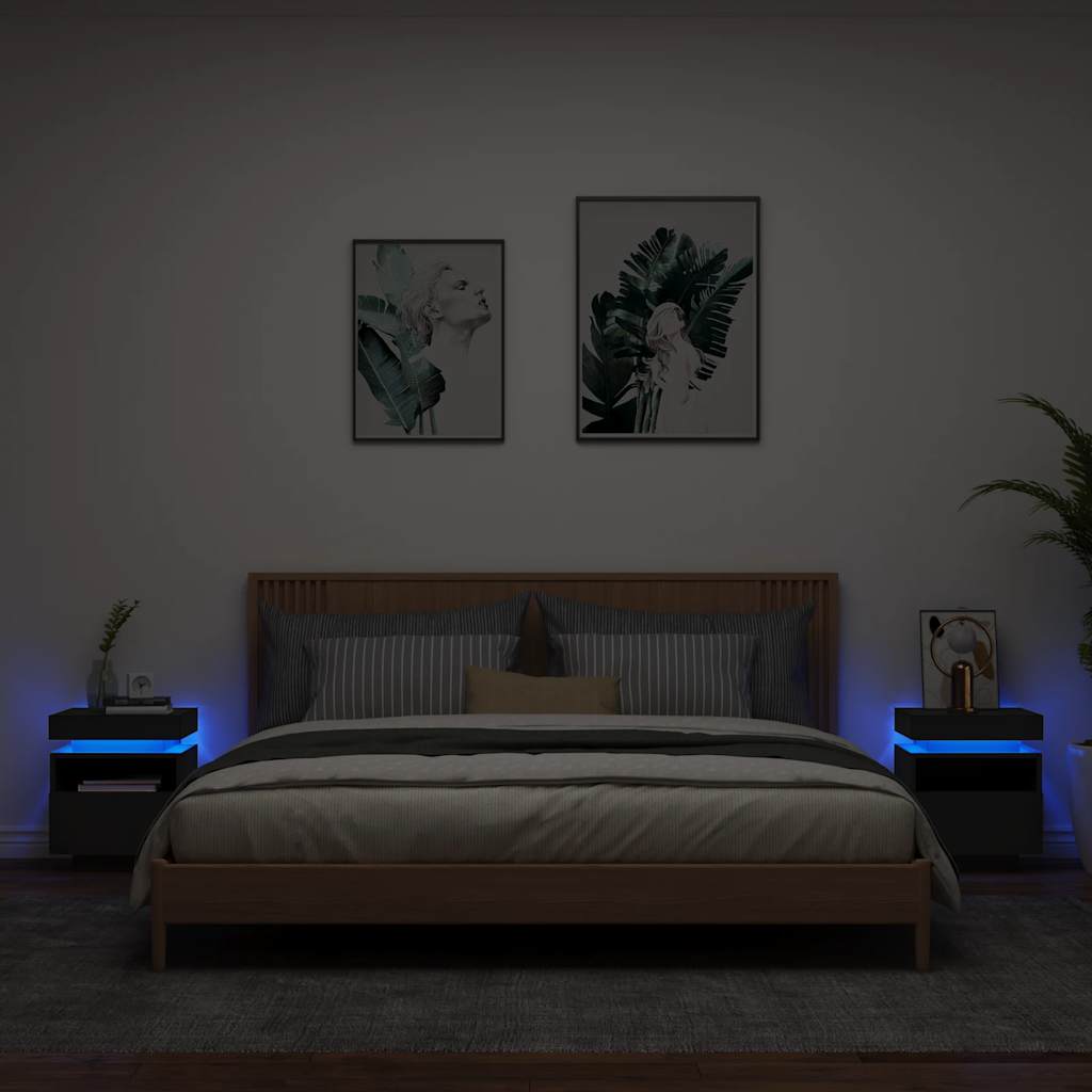 Naktinės spintelės su LED, 2vnt., juodos, 40x39x48,5cm