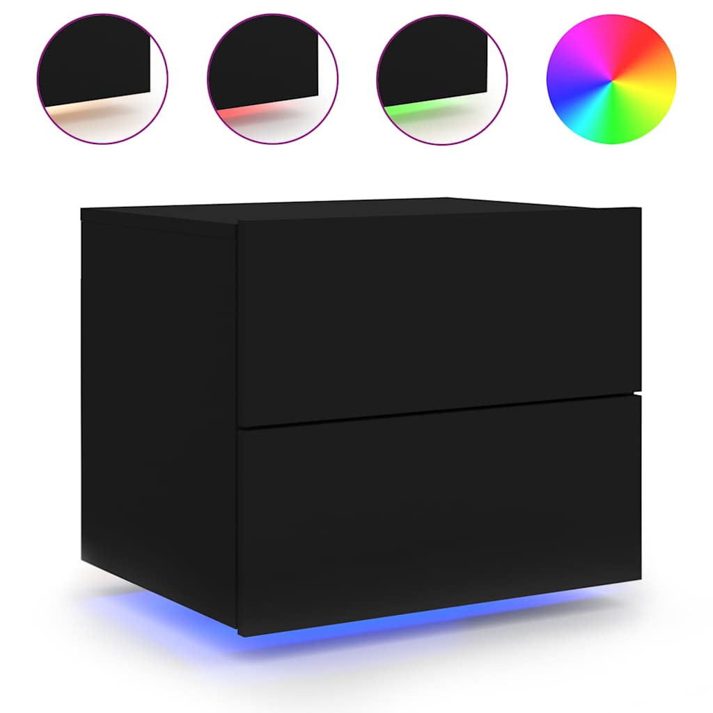 Wall-mounted bedside tables with LED, 2 pcs., black