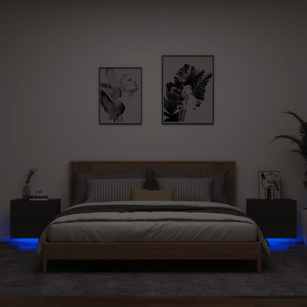 Wall-mounted bedside tables with LED, 2 pcs., black
