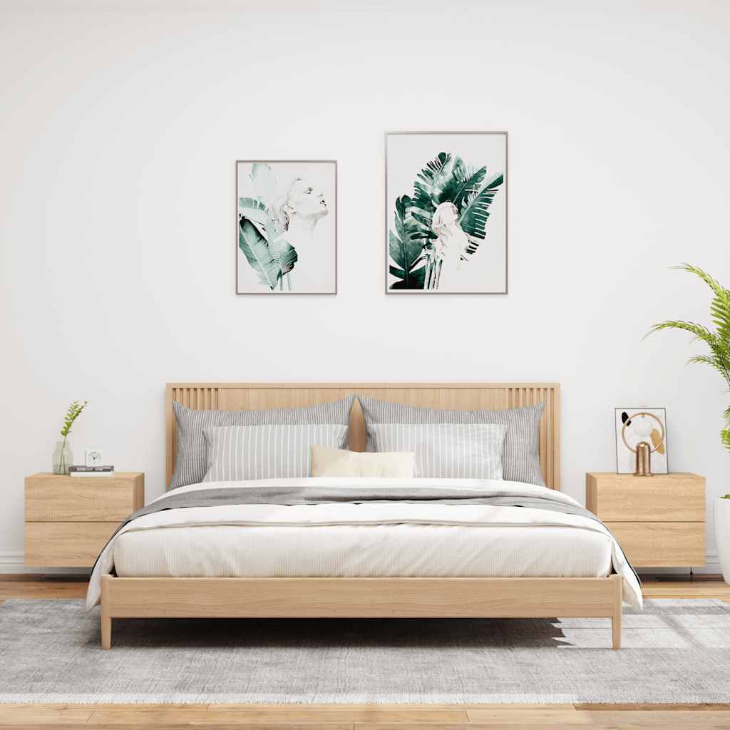 Wall-mounted bedside tables with LED, 2 pcs, oak