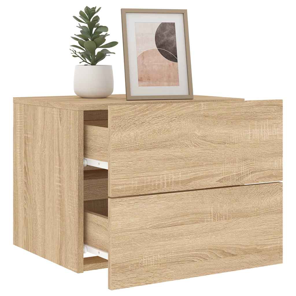 Wall-mounted bedside tables with LED, 2 pcs, oak