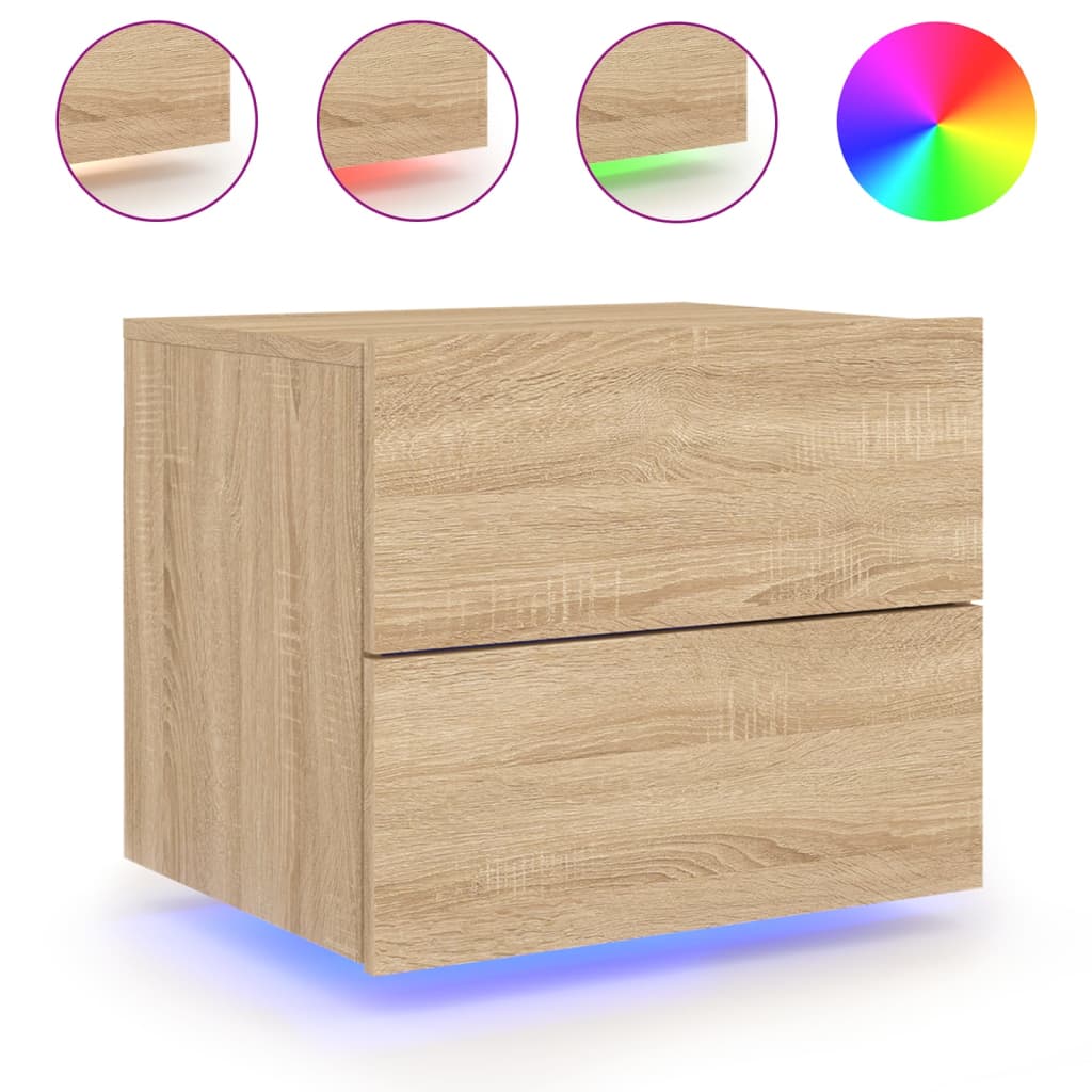 Wall-mounted bedside tables with LED, 2 pcs, oak