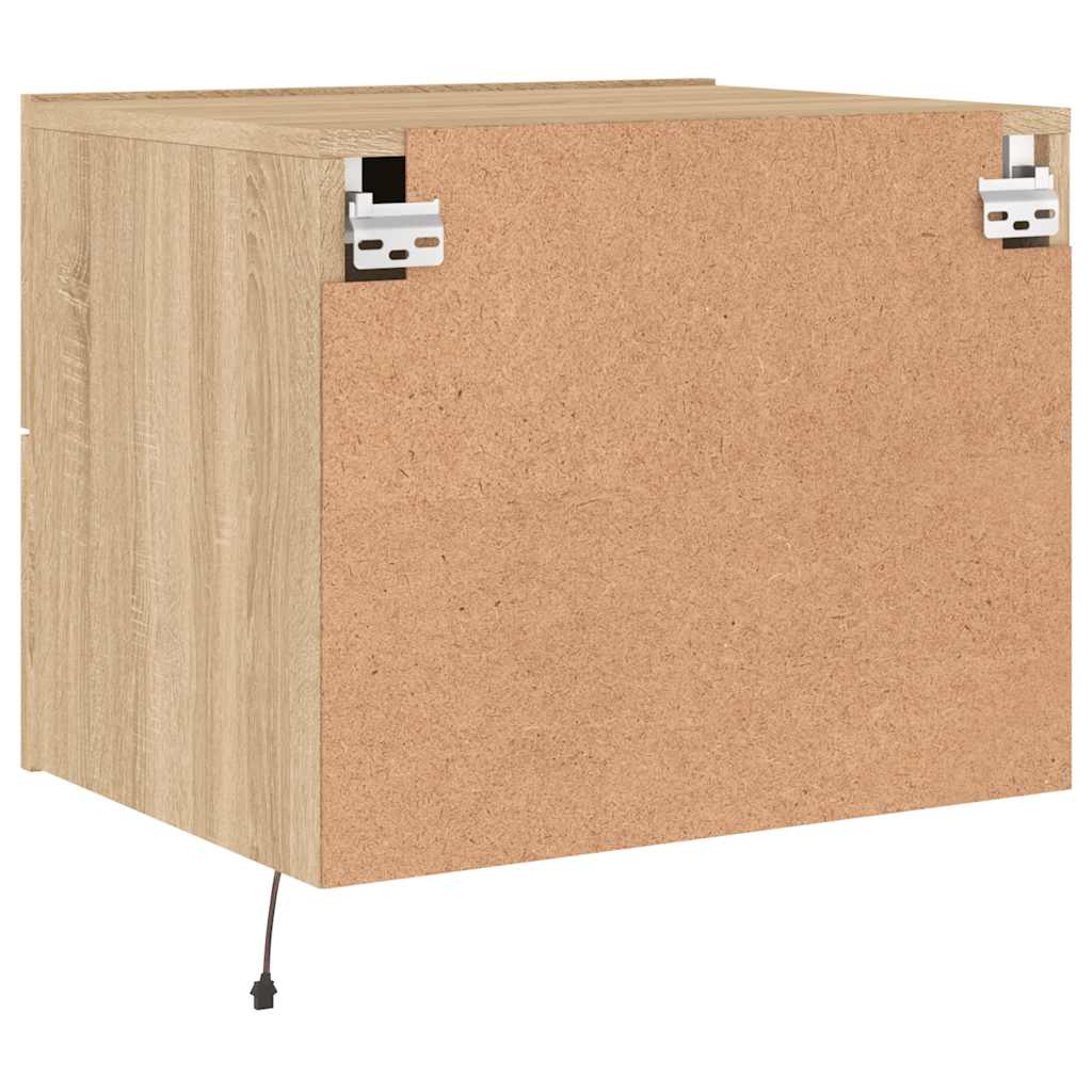 Wall-mounted bedside tables with LED, 2 pcs, oak