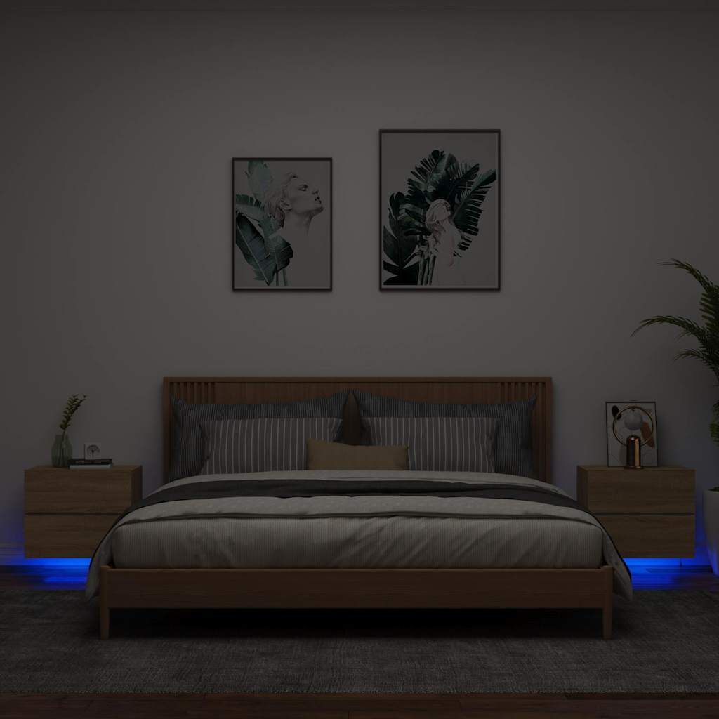 Wall-mounted bedside tables with LED, 2 pcs, oak