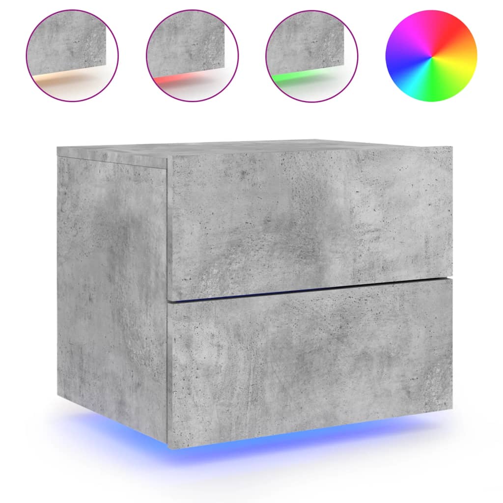 Wall-Mounted Nightstands with LED, 2 pcs, Concrete Grey
